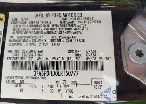 2020 Ford Fusion Se z USA, uszkodzony, nr VIN 3FA6P0HD0LR150777